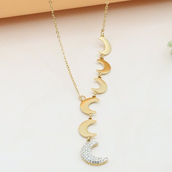 Gold Plated Moon Phase Necklace with Elegant Crescent Charms, XPNL0384 - Picture 1 of 13